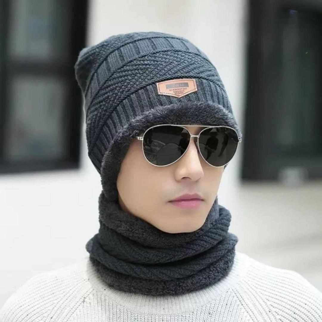 2 PCs Wool plain Beanie And Neck Warmer