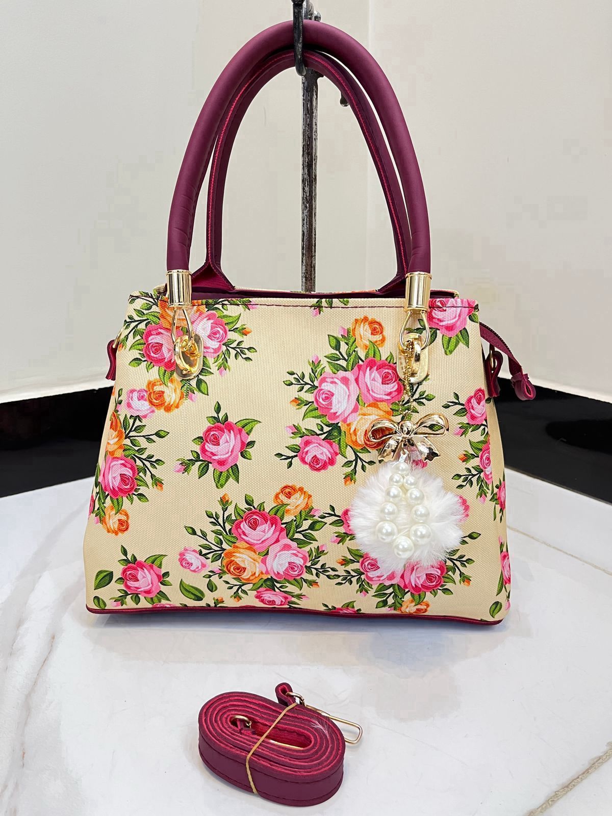 * Floral Bag With Long belt  3 Portion Style *
