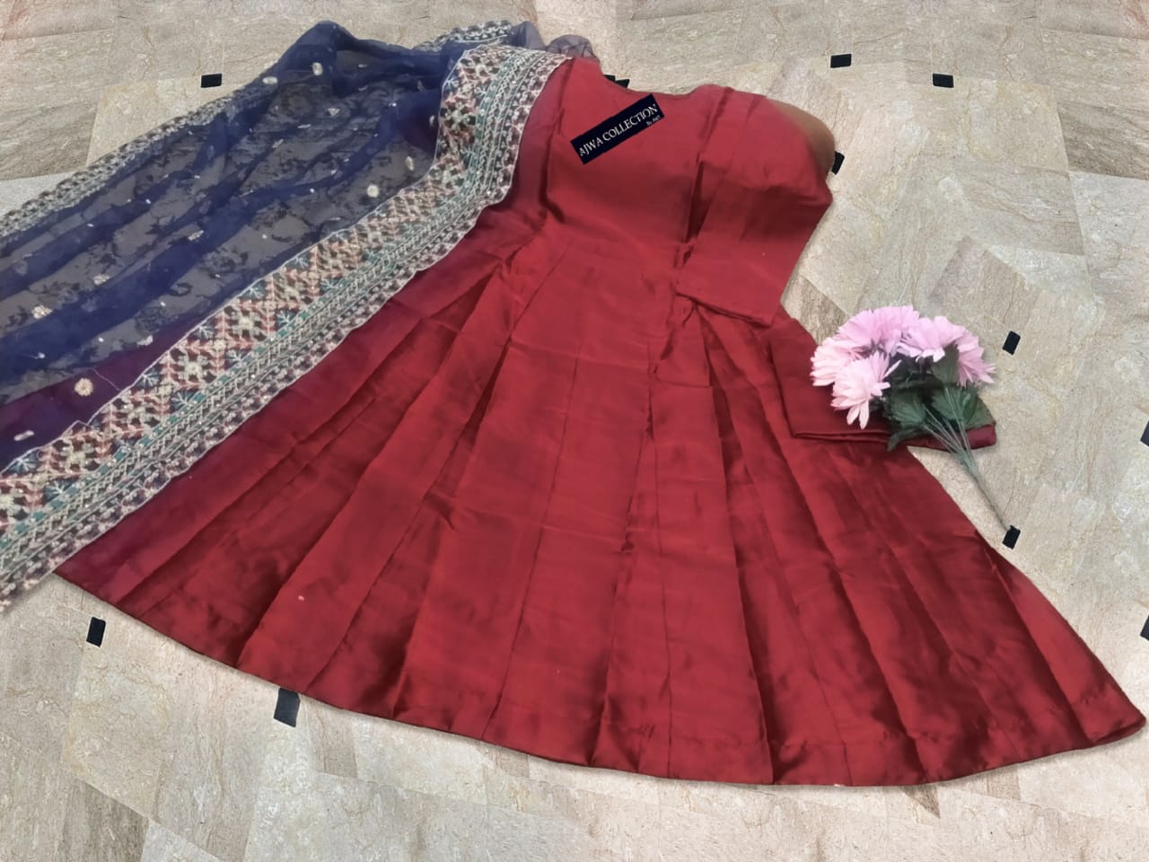 Nug Stone Handwork And Embroidery On Dupatta With Long Flair Kalli Maxi Trouser 3Pcs