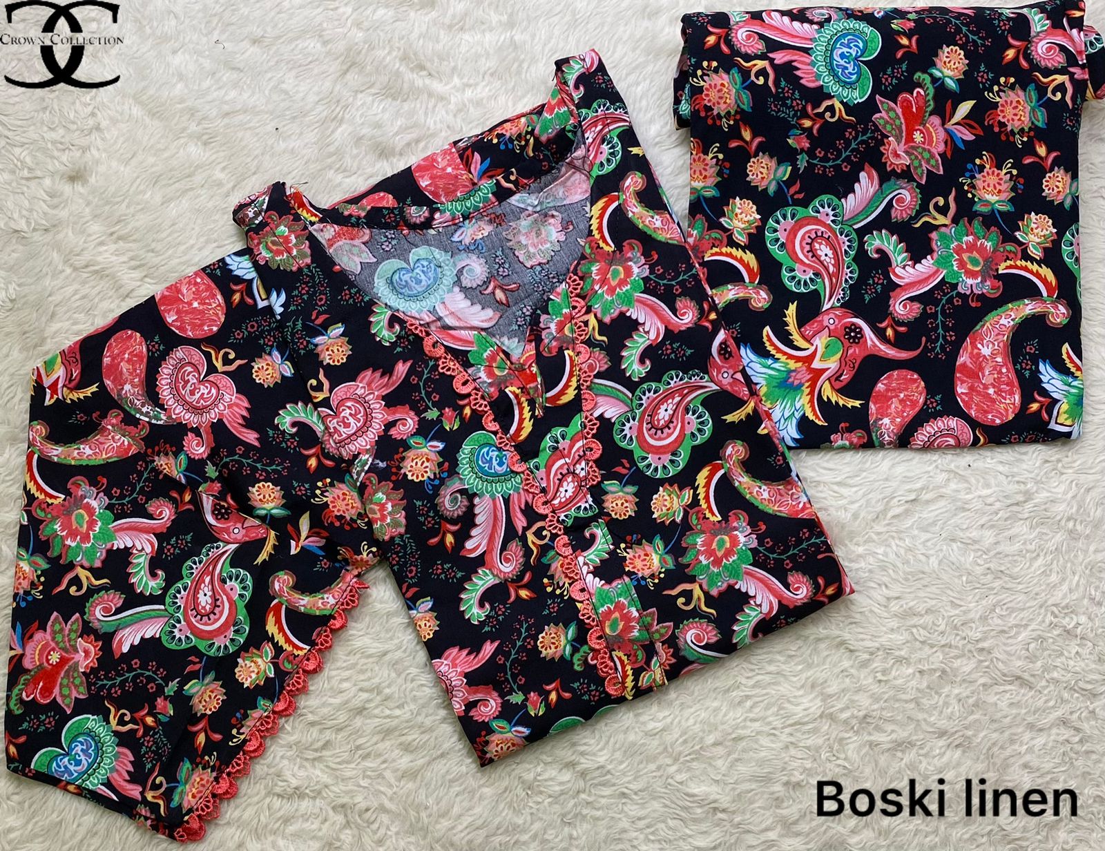 Available prints 🥰 linen boski   Printed 2pc suit with lace work imported fabric