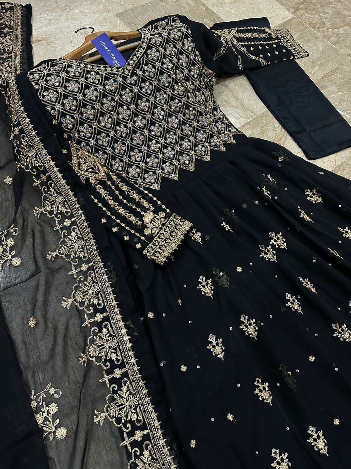 Front Crystal HandWork On Chest,Border With Heavy Embroidered Maxi,Dupatta And Trouser 3Pcs