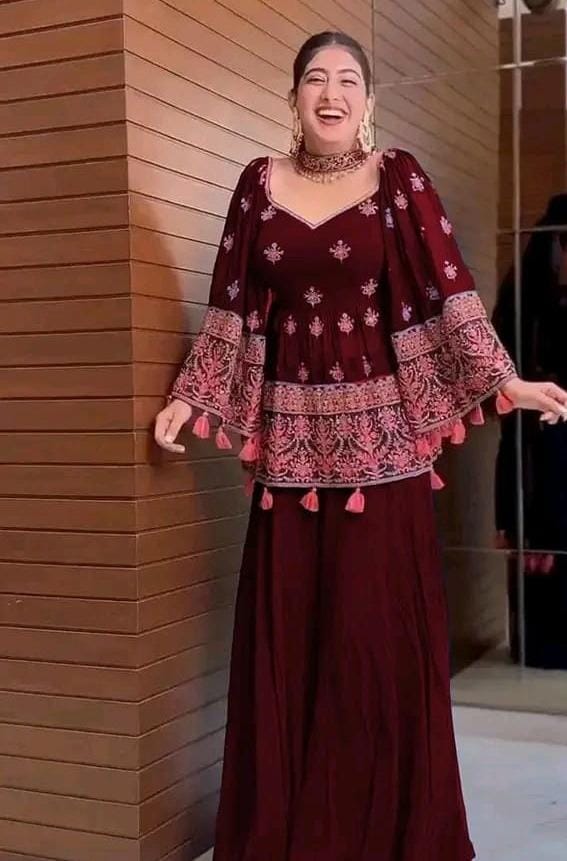 Front V Neck Heavy Multi Embroidered Peplum Frock With Chiffon Plazo And Emb Dupatta 3pcs