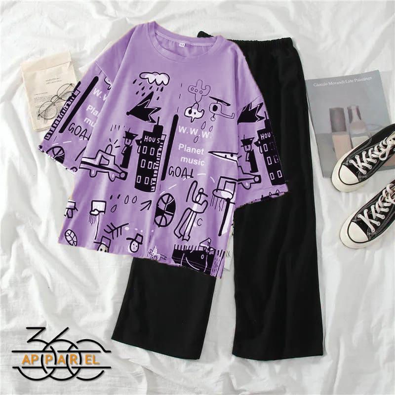 Printed night suit purple+black