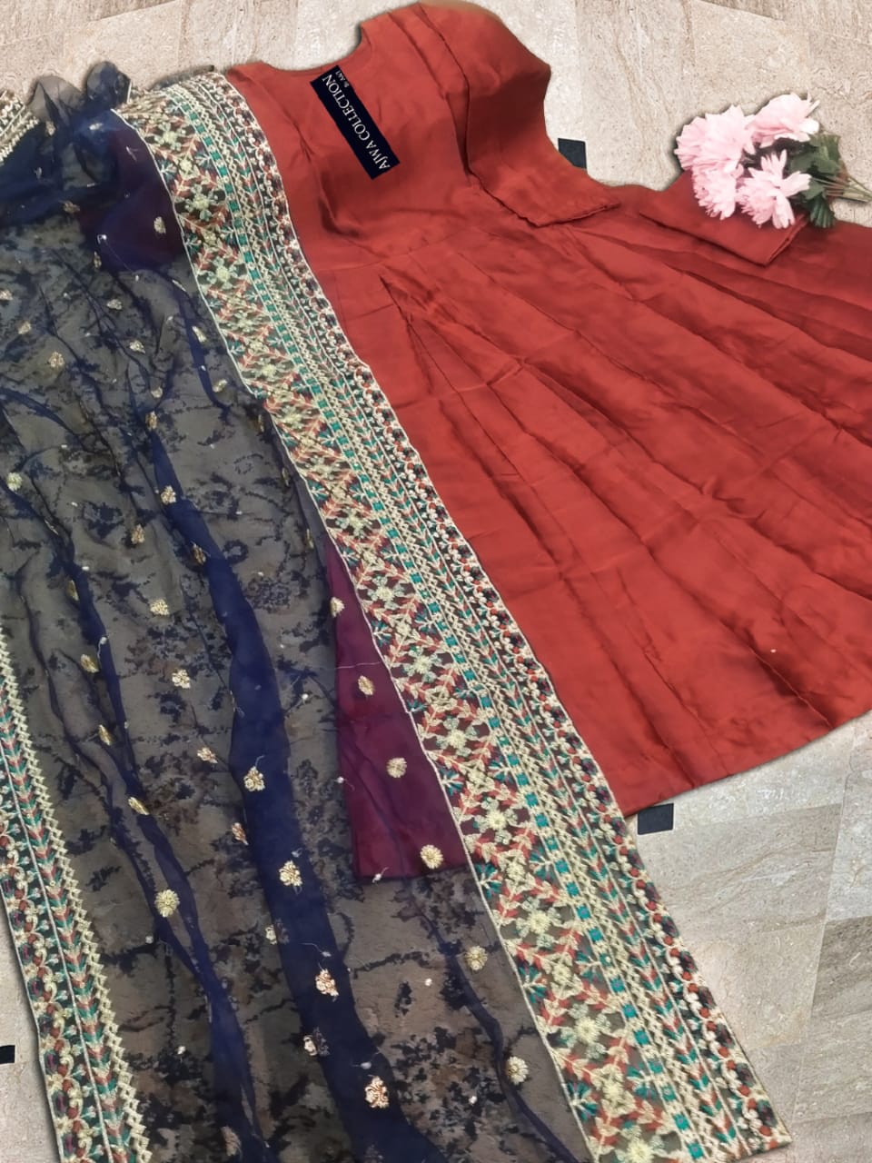 Nug Stone Handwork And Embroidery On Dupatta With Long Flair Kalli Maxi Trouser 3Pcs