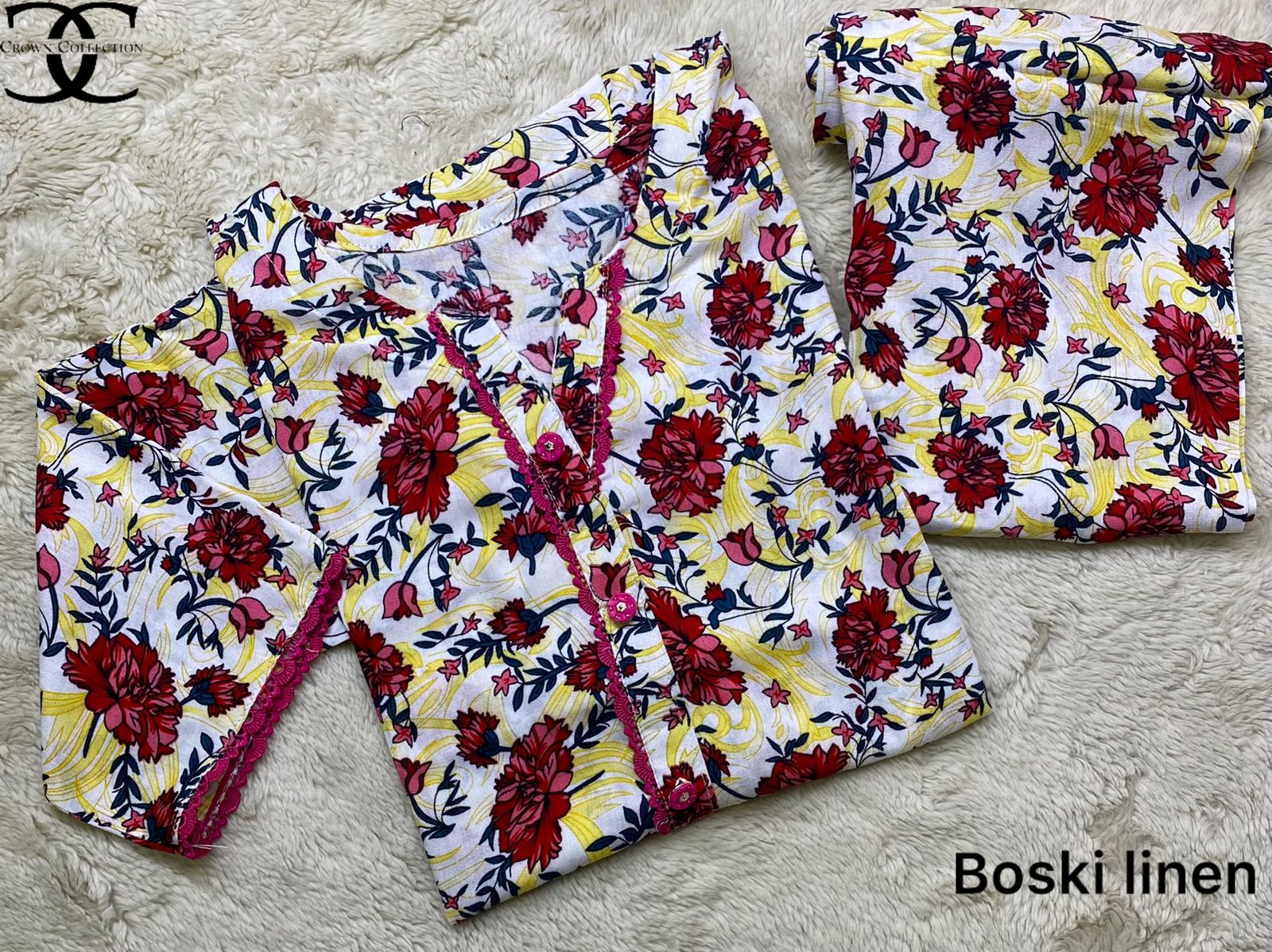 Available prints 🥰 linen boski   Printed 2pc suit with lace work imported fabric