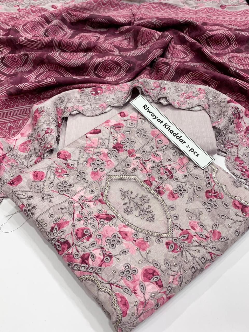 Unstiched 3pc Riwayat khaddar embroidered 1