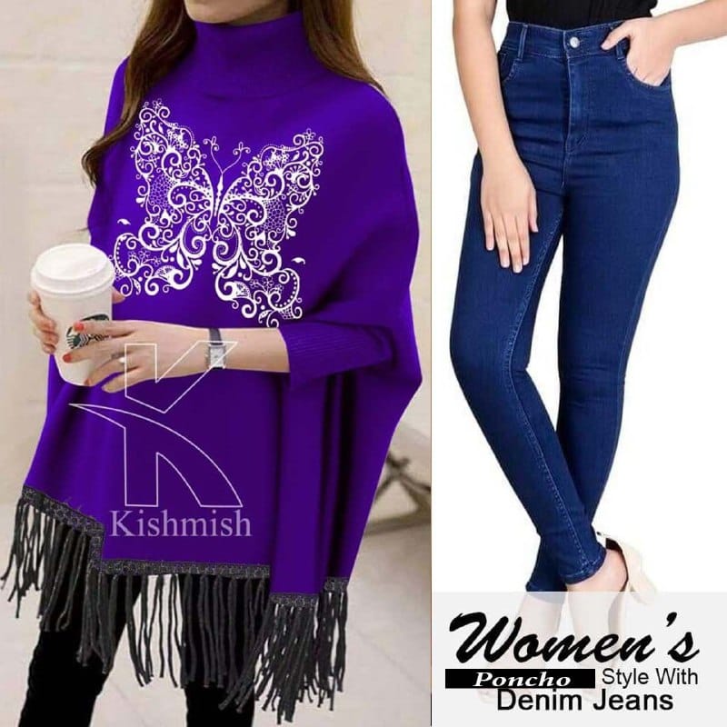 Article Name  Bundle Of 2 Winter Deal 🥶 Printed Viscose Poncho & Jeans.   Fabric  Poncho Viscose.