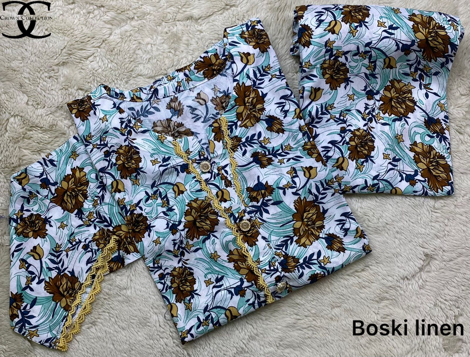 Available prints 🥰 linen boski   Printed 2pc suit with lace work imported fabric