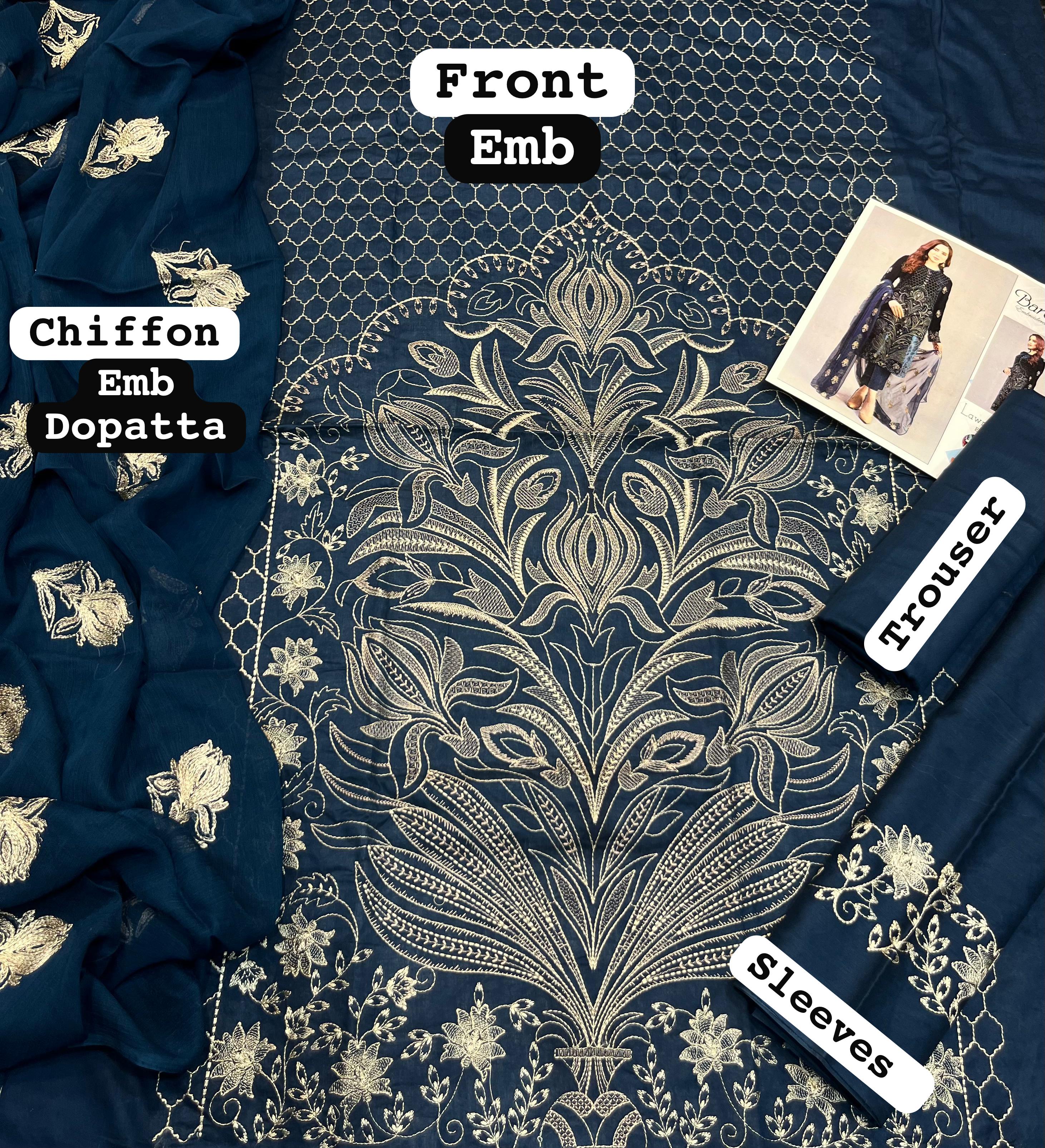 New Arrival 😇 *_BAREEZE HIT CODE NEW TRENDING ARTICLE*  Fabric: 3Pc *Lawn With Bamber Chiffon EMB D