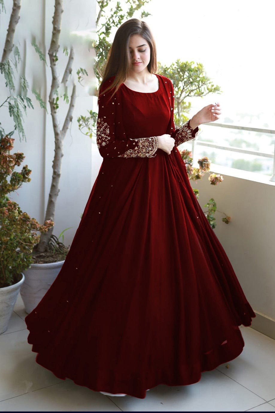 Embroidered With Pearls Attached Gown With Long Maxi Trouser 3PCs