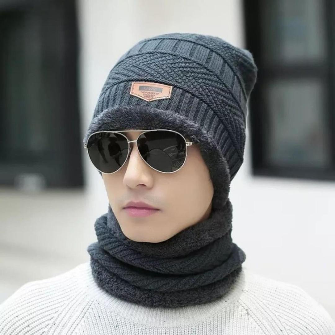 2 PCs Wool plain Beanie And Neck Warmer